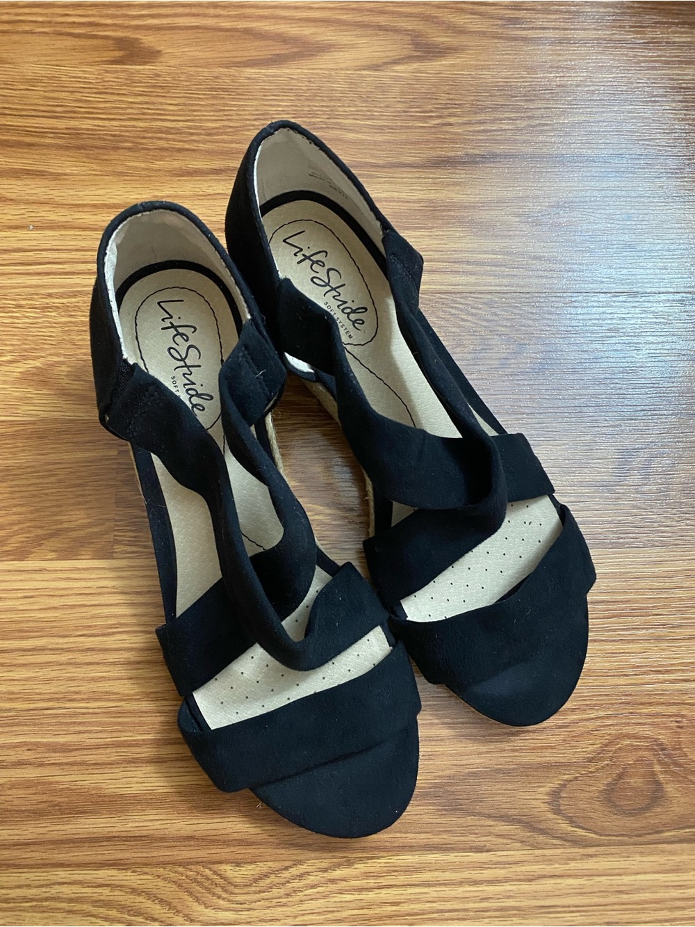 Life Stride Black Suede Open-Toe Ankle Strap Heels